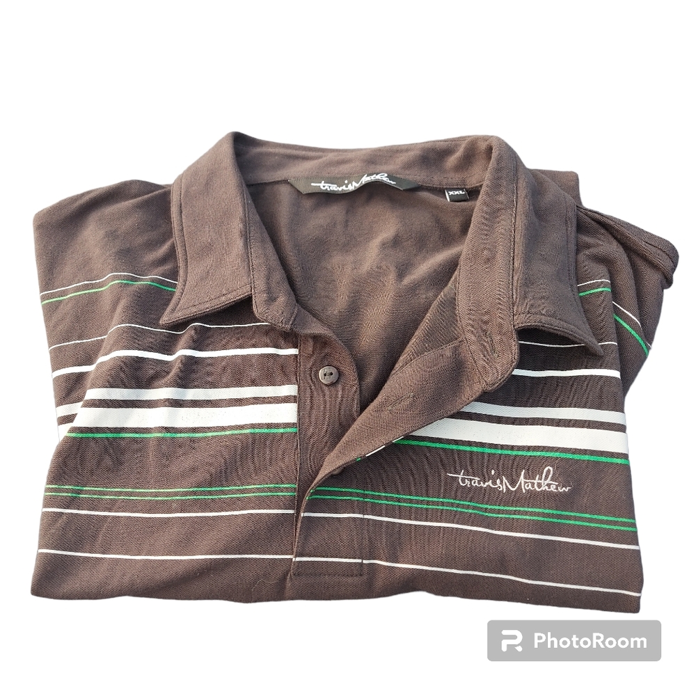 TRAVIS MATHEW Size 2XL Black Whit Green & White‎ Striped Mens Polo Shirt Golf